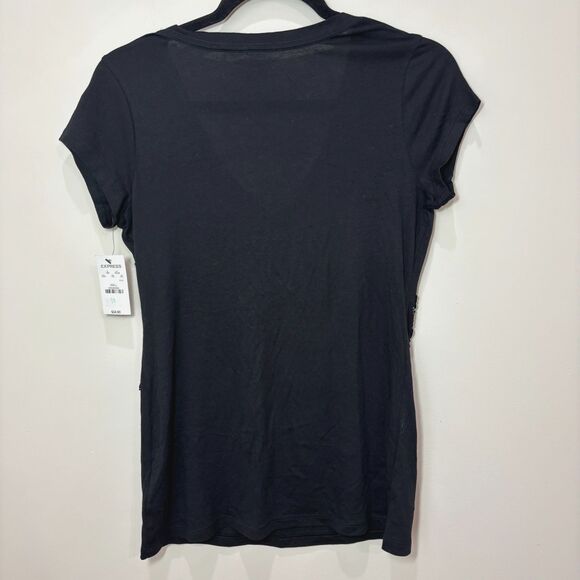 Express NWT Sequined Floral V-neck T-shirt Women S Rockability Y2K Fairy Goth - Picture 5 of 7